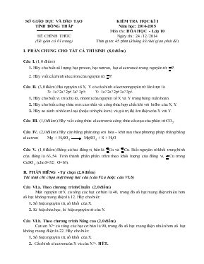 Kiểm tra học kì I năm học 2014 - 2015 môn thi Hóa học - Lớp 10